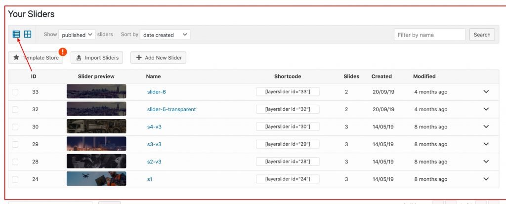 Layer Slider list view