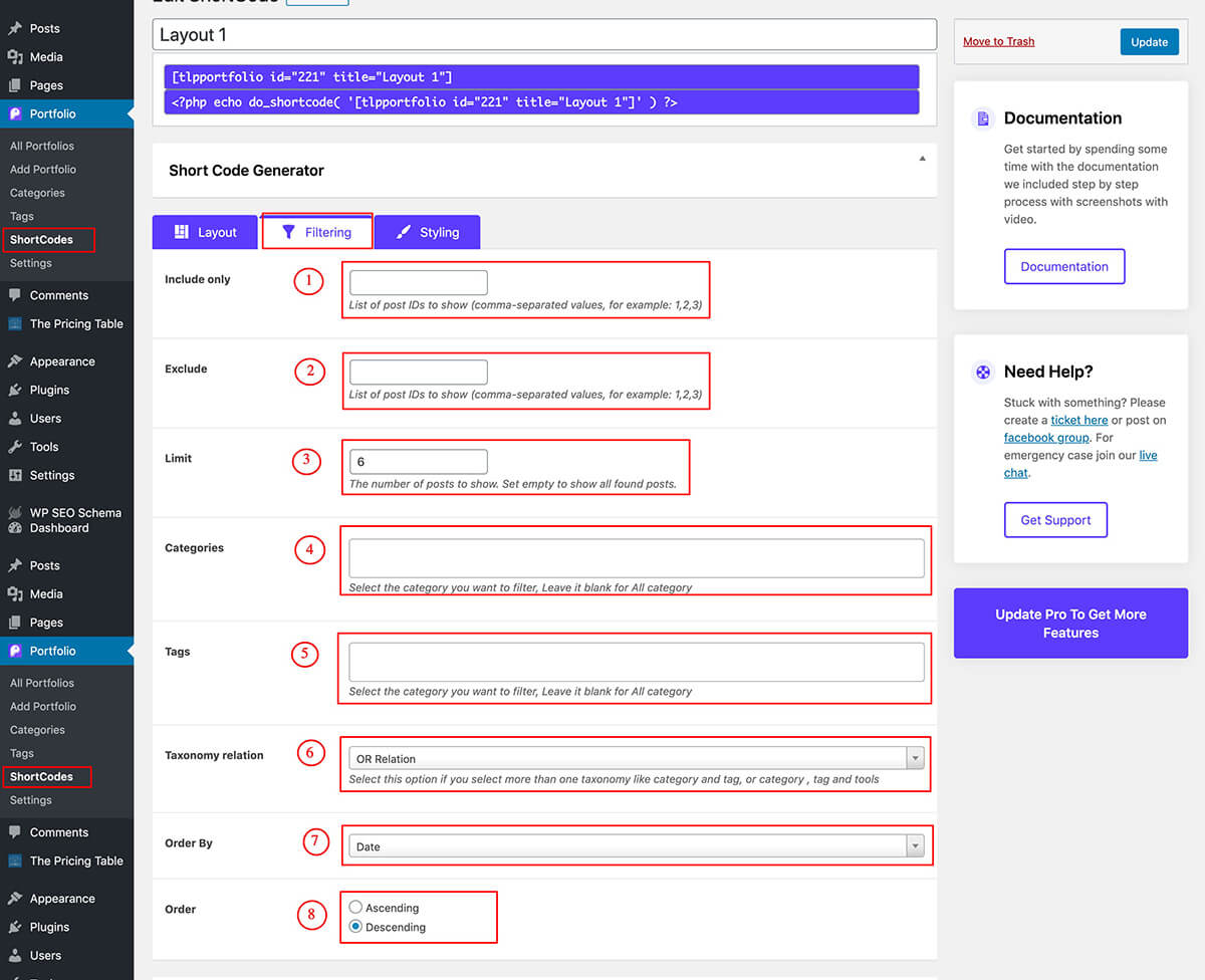 portfolio shortcode generator filter