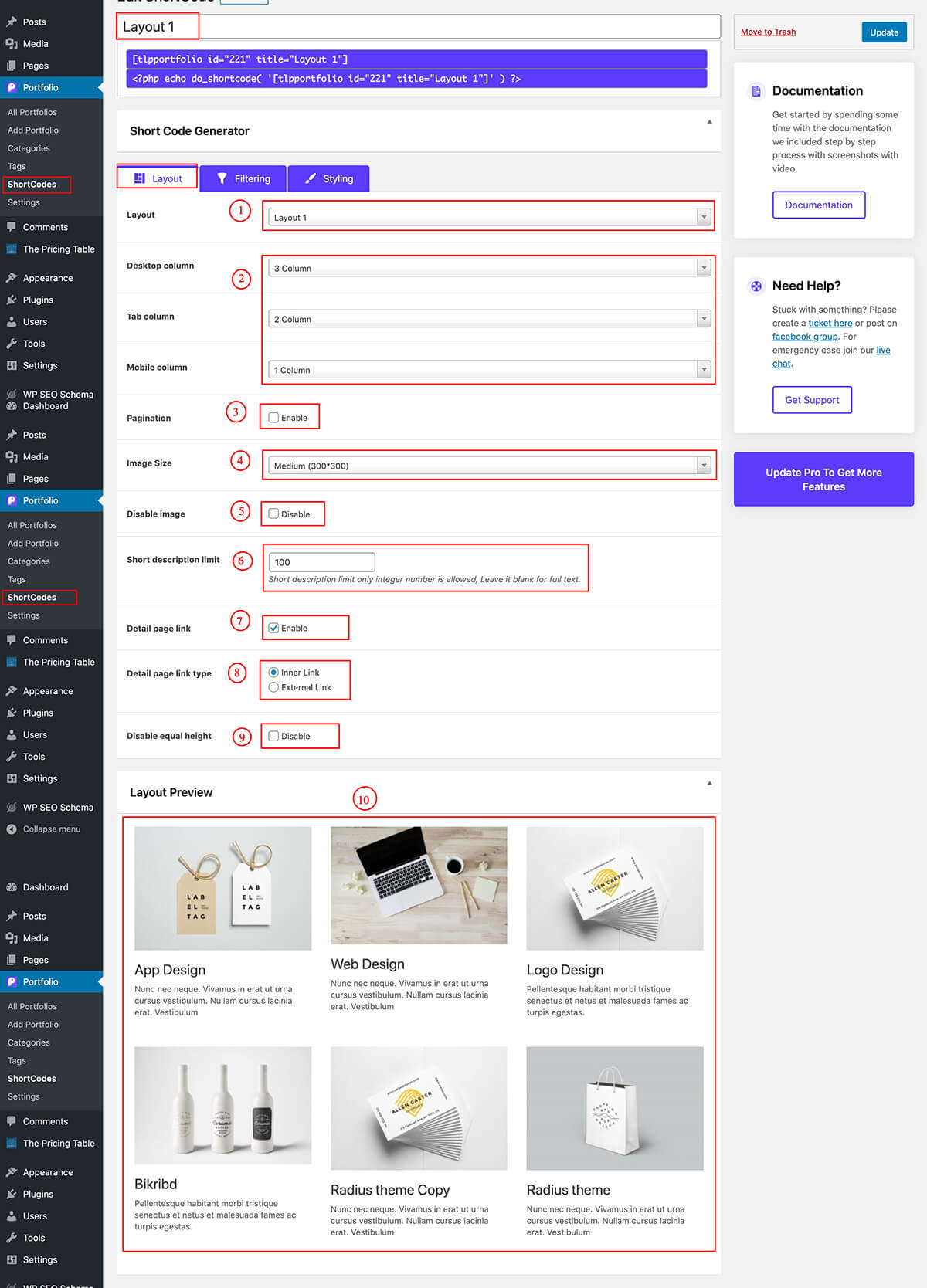 Portfolio shortcode generator layout